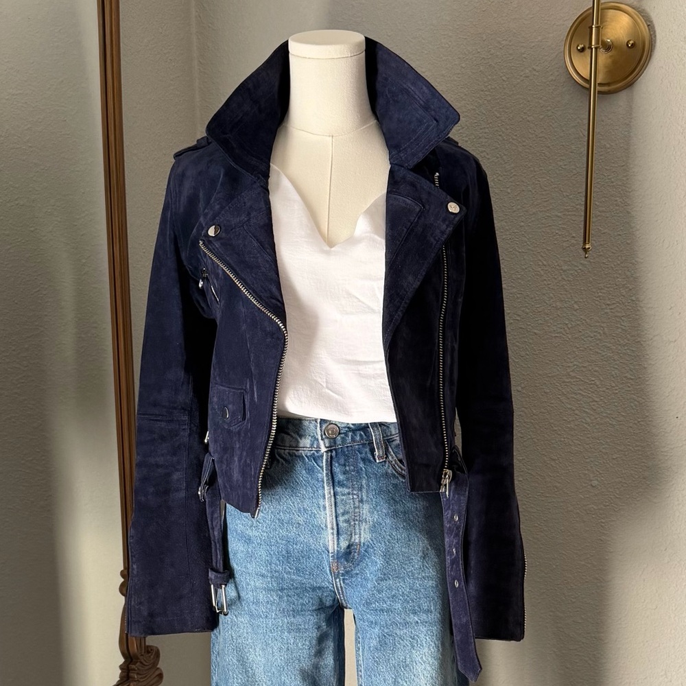 Vigoss Navy Blue Genuine Suede Leather Moto Biker Jacket Small Belted